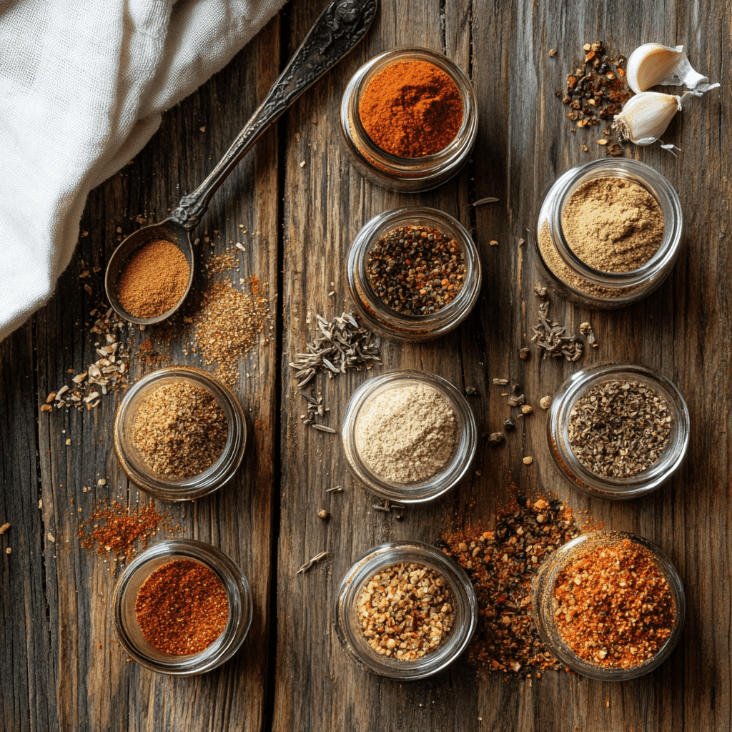 Flat lay of taco seasoning ingredients on a rustic wooden surface