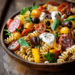 Vibrant Italian pasta salad in a rustic bowl with rotini pasta, cherry tomatoes, bell peppers, fresh mozzarella, salami, olives, and herbs
