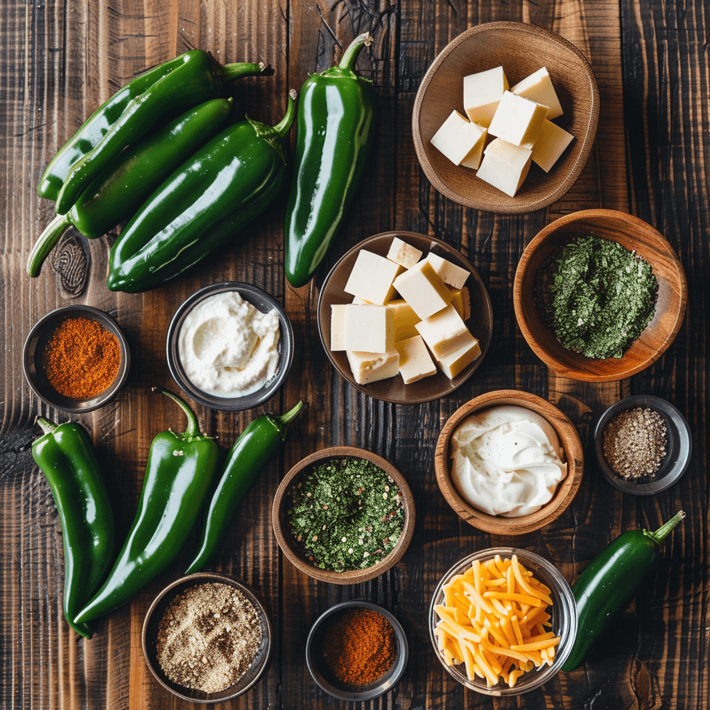 Ingredients for jalapeno poppers including fresh jalapenos, cream cheese, and cheddar cheese