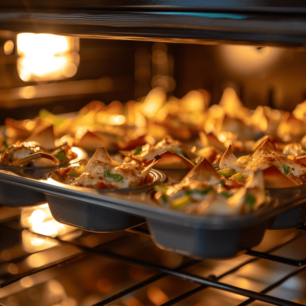 Jalapeño Wonton Cups baking in a muffin tin, golden brown and bubbly