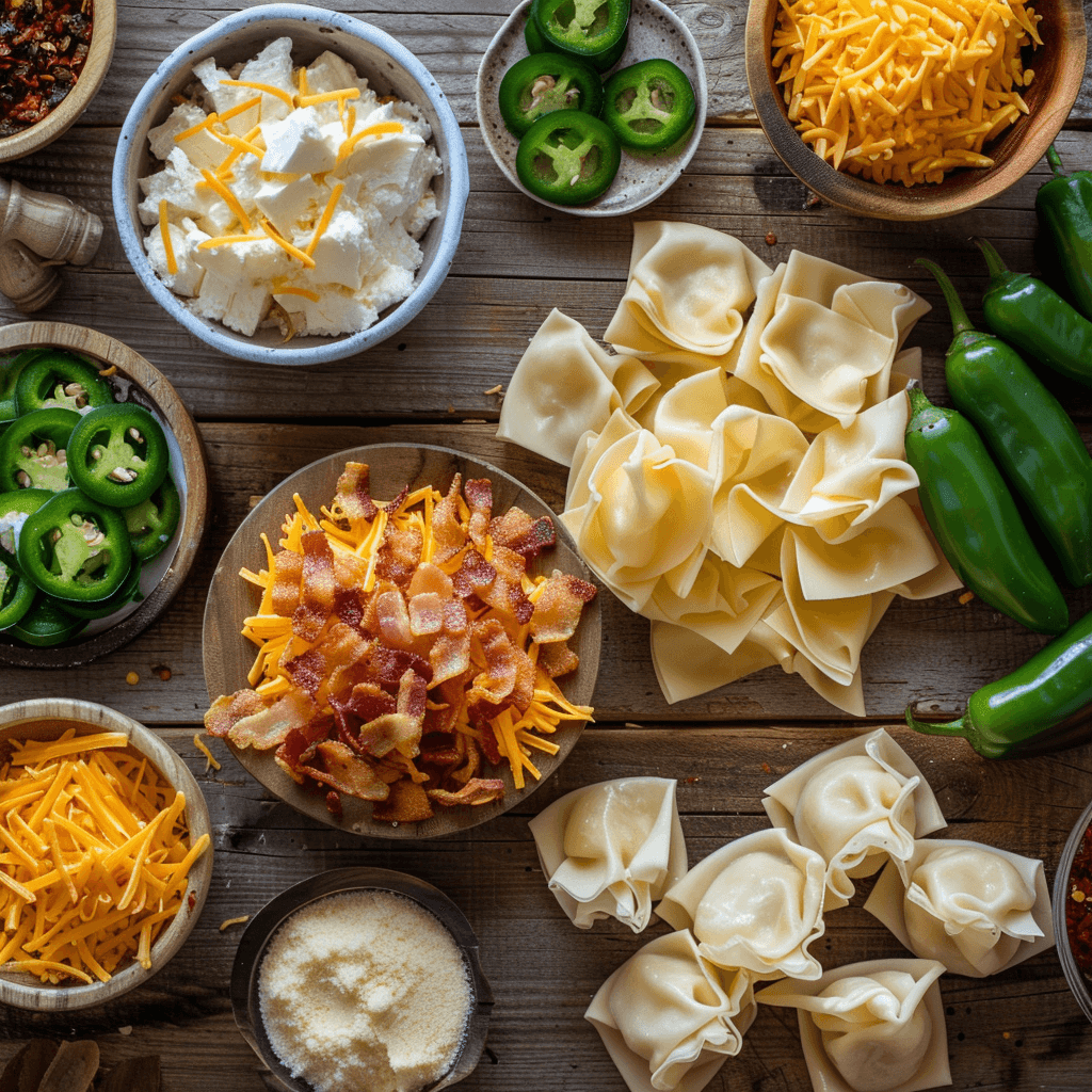Image showing the process of mixing the jalapeño filling ingredients in a bowl. Cream cheese, cheddar cheese, diced jalapeños, and crumbled bacon