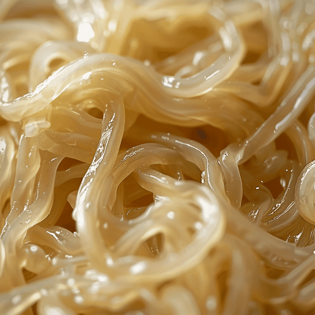 Close-up showing the texture of Dangmyeon Korean glass noodles, highlighting their translucent and springy appearance.