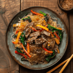Savory Japchae recipe with Korean glass noodles, vegetables, and beef, garnished with sesame seeds.