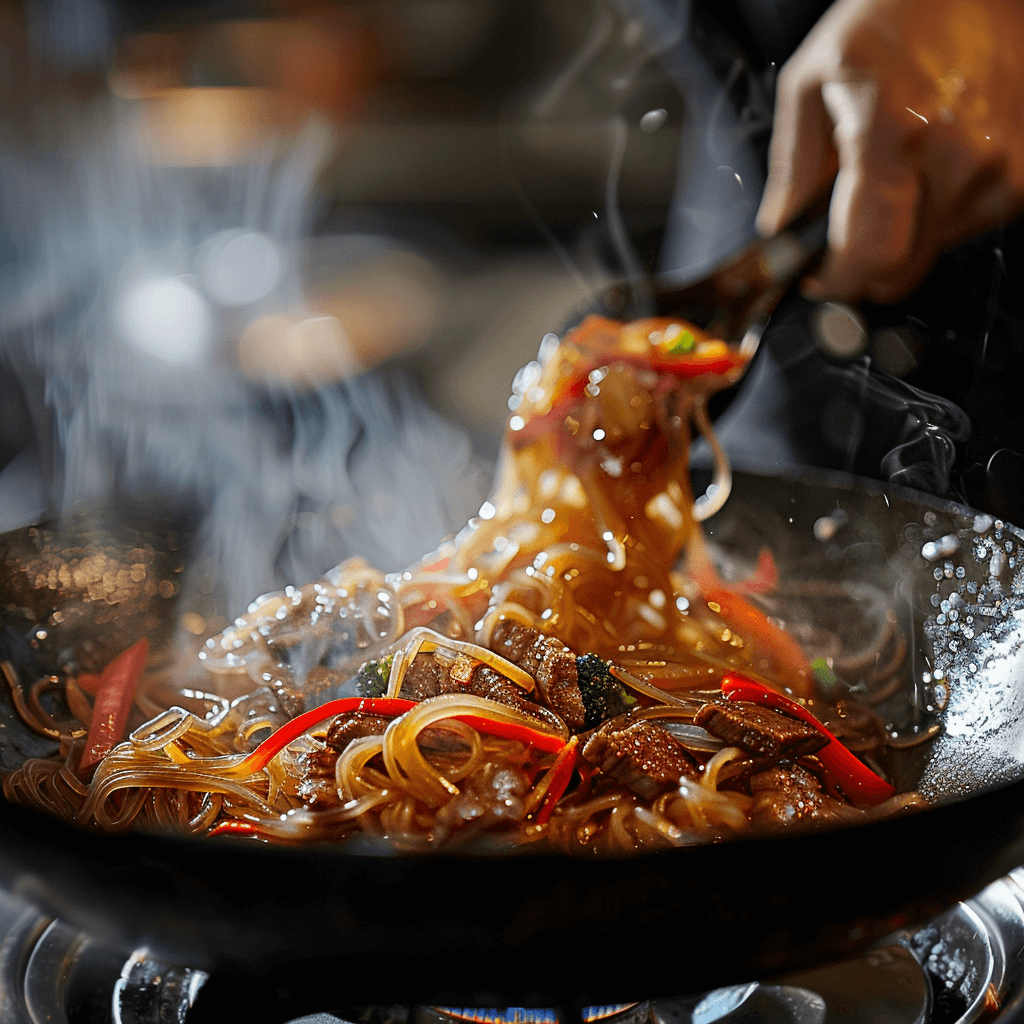 Stir-frying Korean glass noodles (Japchae) with vegetables and beef in a wok, showing the cooking process.