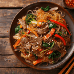 Savory Japchae recipe with Korean glass noodles, vegetables, and beef, garnished with sesame seeds.