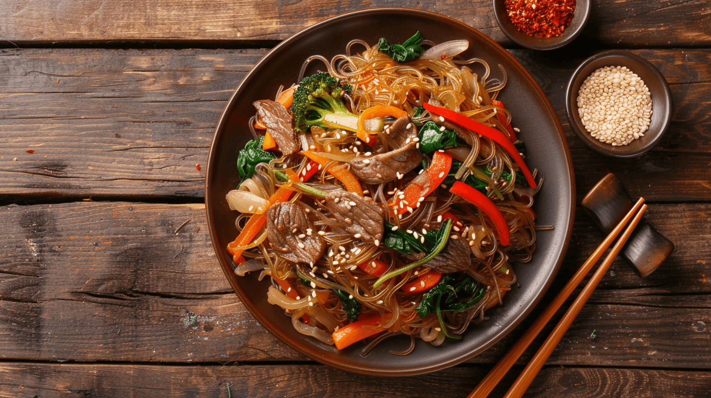 Savory Japchae recipe with Korean glass noodles, vegetables, and beef, garnished with sesame seeds.