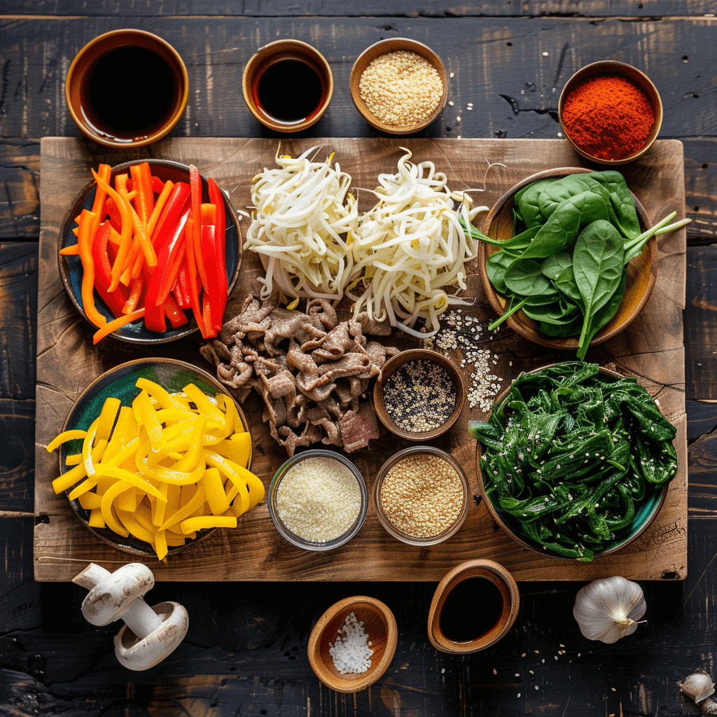 Ingredients for Japchae recipe: Korean glass noodles (dangmyeon), beef, carrots, spinach, mushrooms, bell peppers, onions, soy sauce, sesame oil, and sesame seeds.