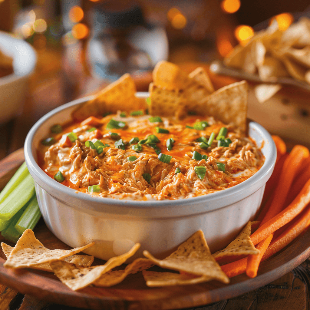 Buffalo chicken dip served in a bowl with an assortment of dippers like tortilla chips, celery sticks, carrot sticks, and baguette slices around it.