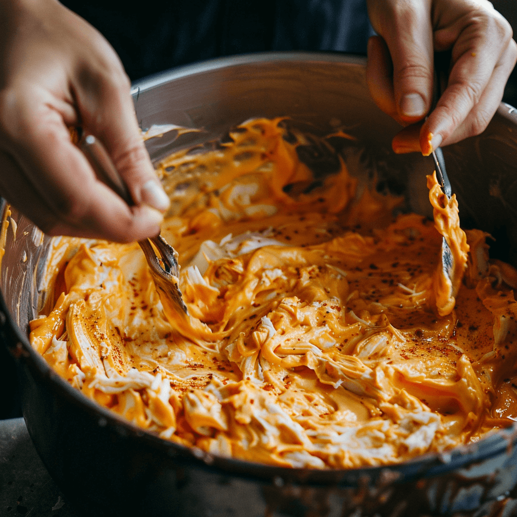 Close-up shot of hands mixing cream cheese, chicken, and buffalo sauce in a bowl to prepare buffalo chicken dip.