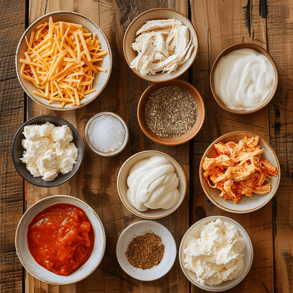 Ingredients for buffalo chicken dip including shredded chicken, cream cheese, buffalo sauce, ranch dressing, cheddar cheese, and spices laid out on a kitchen counter.