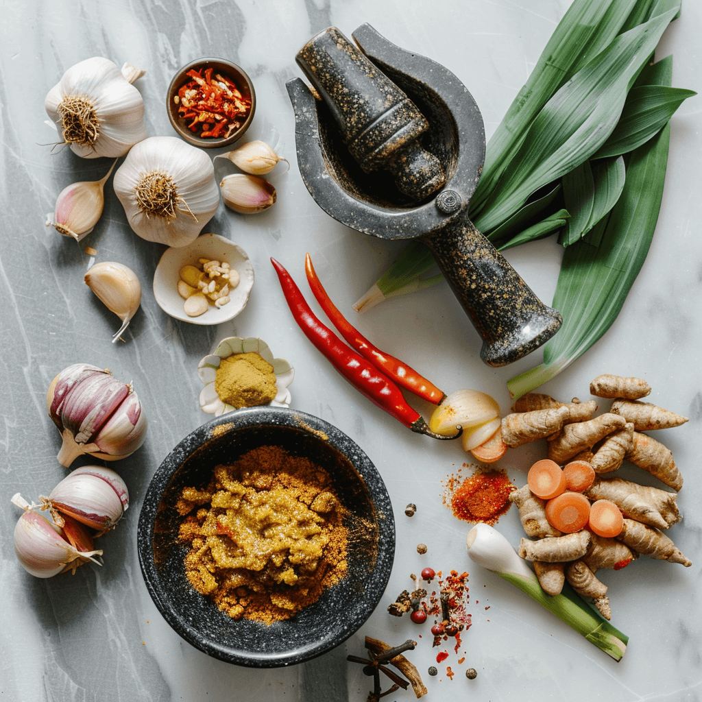 Key ingredients for homemade Laksa paste: chilies, shallots, garlic, lemongrass, galangal, turmeric, spices.