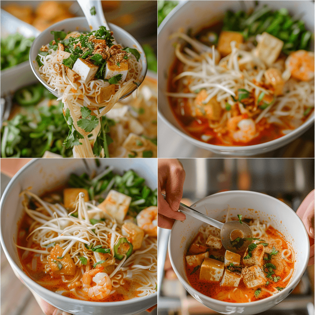Steps to assemble Laksa Noodle Soup: noodles, broth, protein, and fresh toppings.
