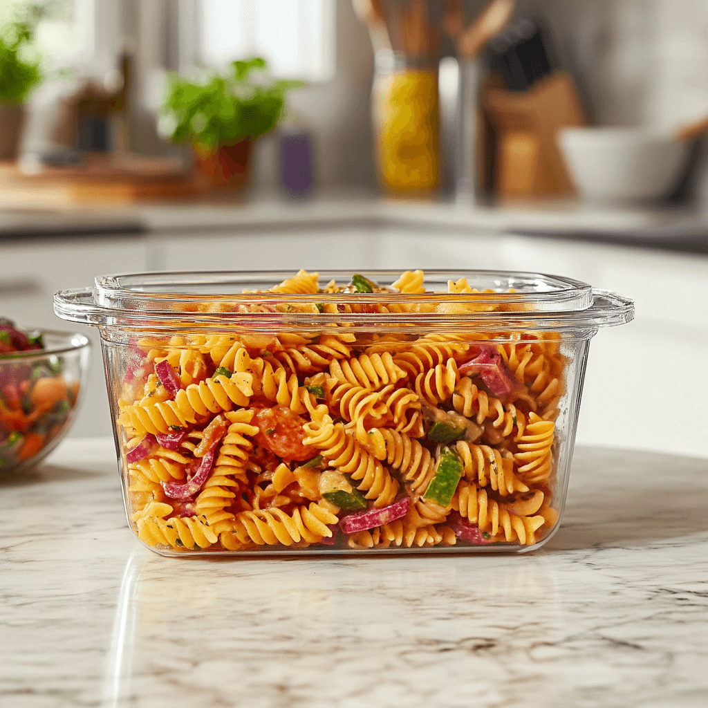 Italian pasta salad stored in a clear airtight container on a kitchen counter