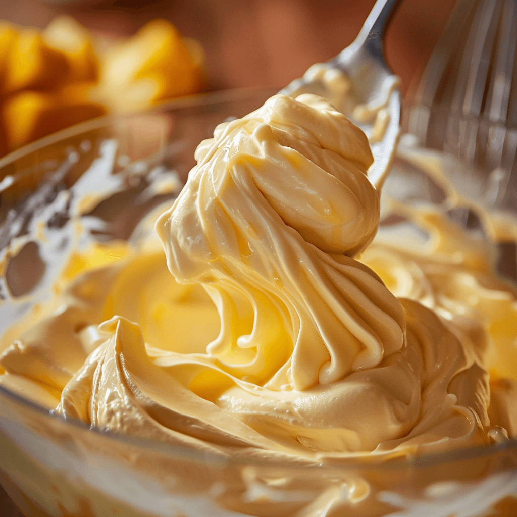 Chef gently folding mango puree into whipped cream to maintain an airy texture.