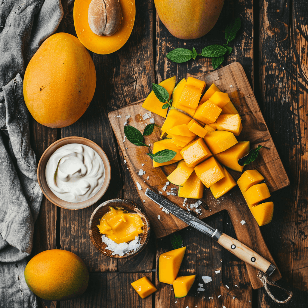 Fresh, ripe mangoes being peeled and chopped for puree.