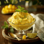 A beautifully presented bowl of chilled mango mousse garnished with mint and lime zest.