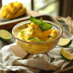 Bowl of vibrant mango mousse garnished with mint leaves and lime zest, evoking a tropical feel.