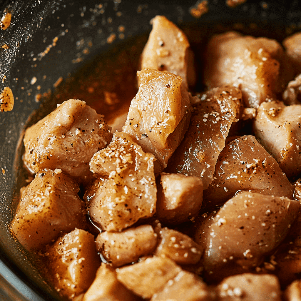 Close-up of chicken pieces in a bowl with marinade, lightly coated with flour and soy sauce.
