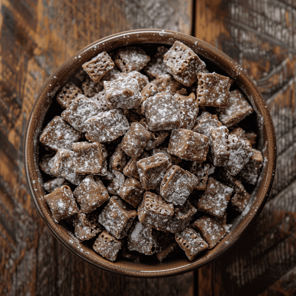Bowl of crunchy Muddy Buddies snack