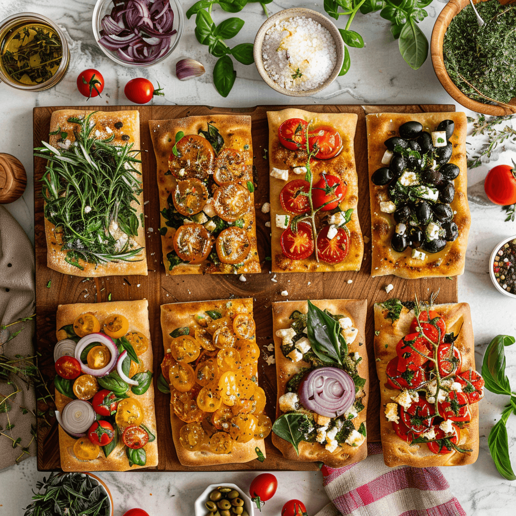 Various toppings for no knead focaccia recipe including olives, cherry tomatoes, rosemary, and sea salt.