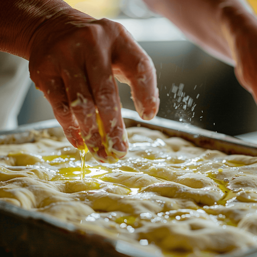 Hands dimpling no knead focaccia dough in a baking pan, preparing it for toppings.