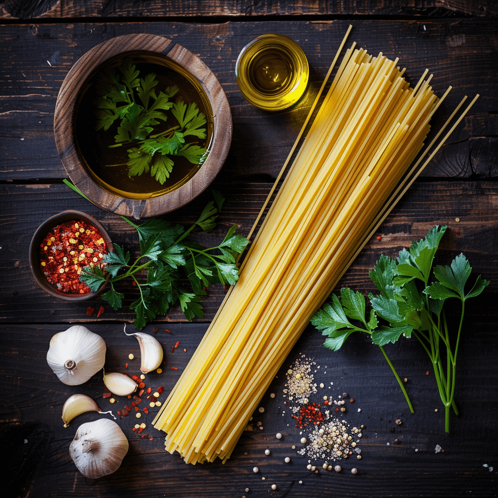 Flat lay of ingredients for 5-Ingredient Pasta Aglio e Olio including spaghetti, olive oil, garlic, red pepper flakes, and parsley