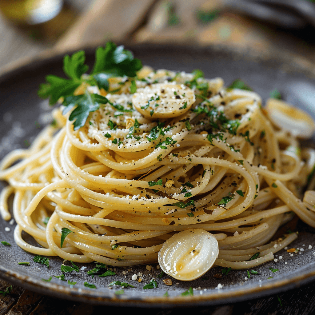 Final presentation of 5-Ingredient Pasta Aglio e Olio served in a rustic bowl with fresh parsley
