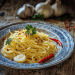 Final presentation of 5-Ingredient Pasta Aglio e Olio served in a rustic bowl with fresh parsley