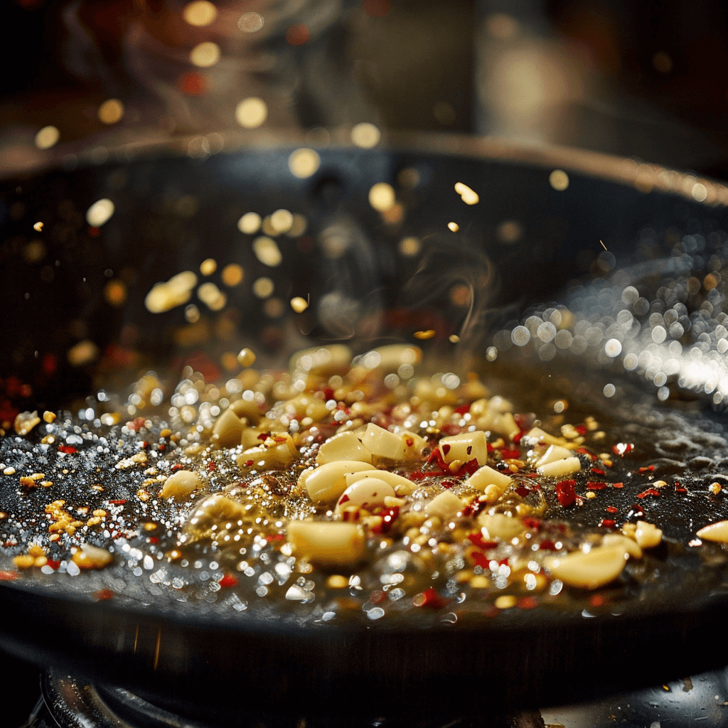 Chef sautéing garlic and red pepper flakes in olive oil in a pan