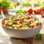 A bowl of colorful pasta salad on a rustic wooden table