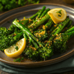 Elegant plated broccolini garnished with lemon wedges and fresh herbs