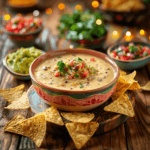 A festive bowl of queso dip surrounded by tortilla chips on a rustic table