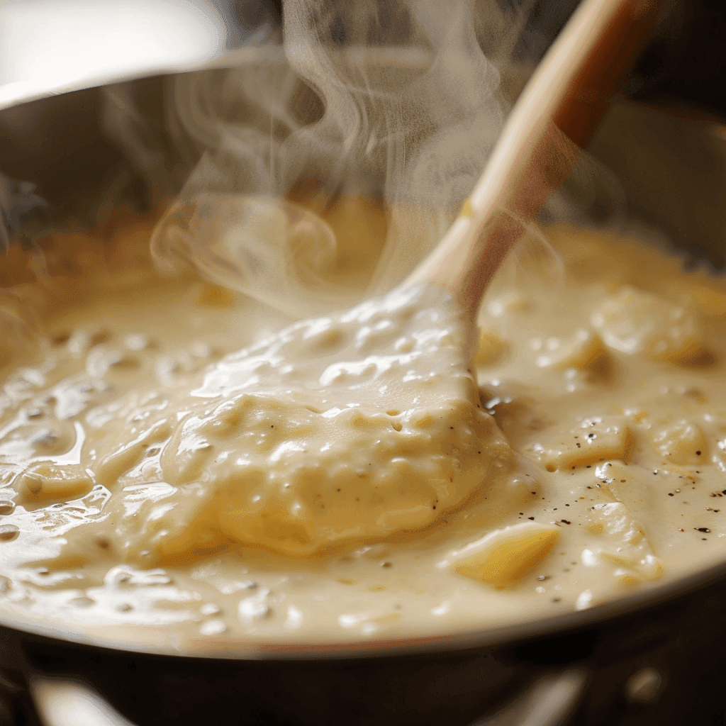 Close-up view of Monterey Jack and Cheddar melting in a saucepan