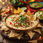 Bowl of creamy queso dip garnished with cilantro and served with tortilla chips