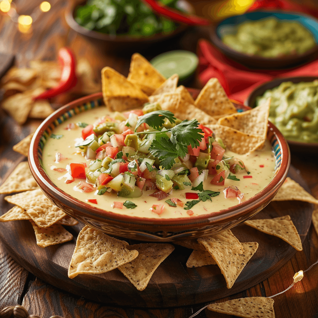 Bowl of creamy queso dip garnished with cilantro and served with tortilla chips