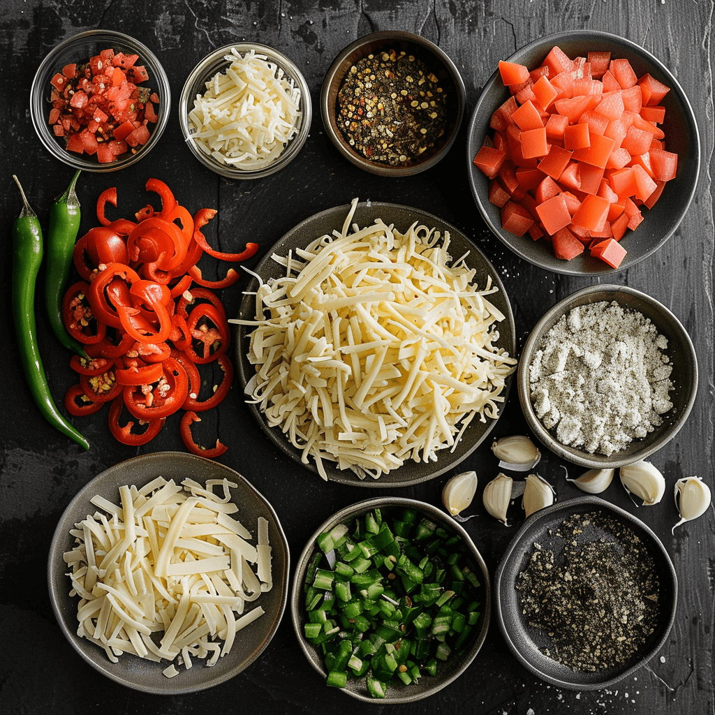 Display of shredded cheeses, fresh chili peppers, diced tomatoes with green chilies, and spices