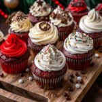 Festive Red Velvet Cupcake decorations - sprinkles, chocolate shavings, elegant cupcake designs.