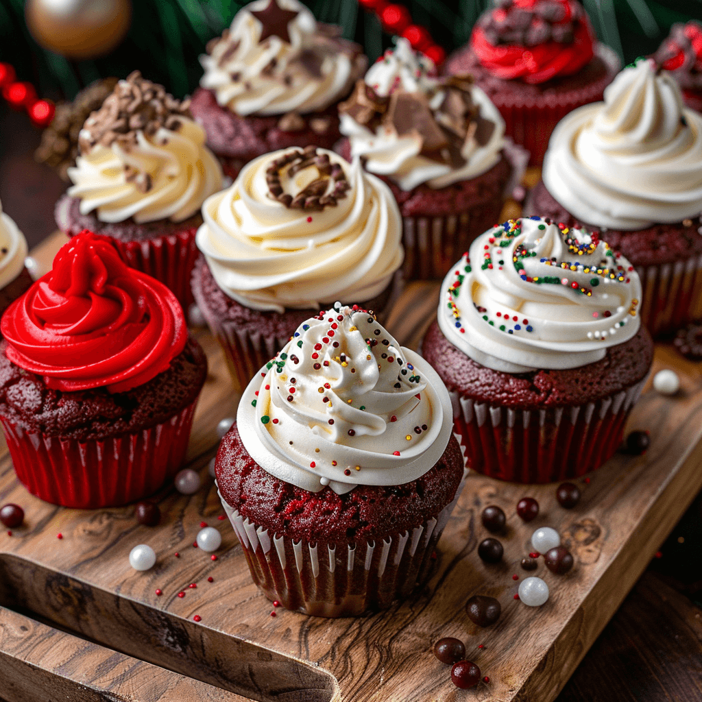 Festive Red Velvet Cupcake decorations - sprinkles, chocolate shavings, elegant cupcake designs.