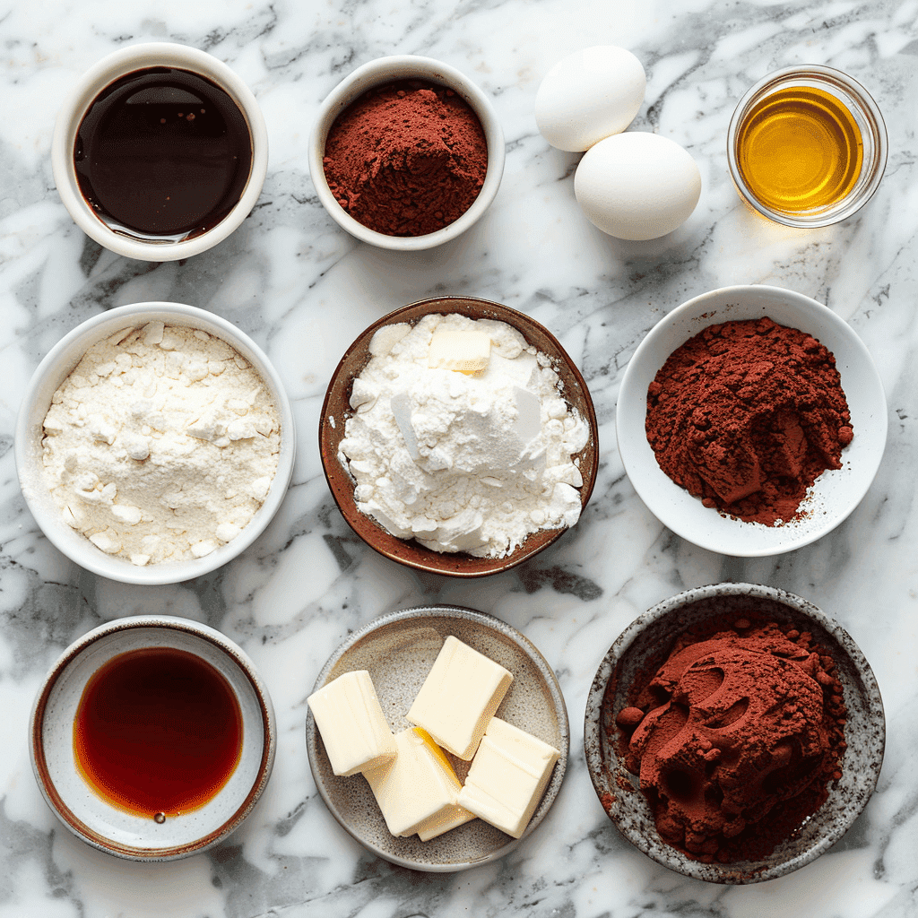 Ingredients for Red Velvet Cupcakes recipe - flour, sugar, buttermilk, cream cheese etc.