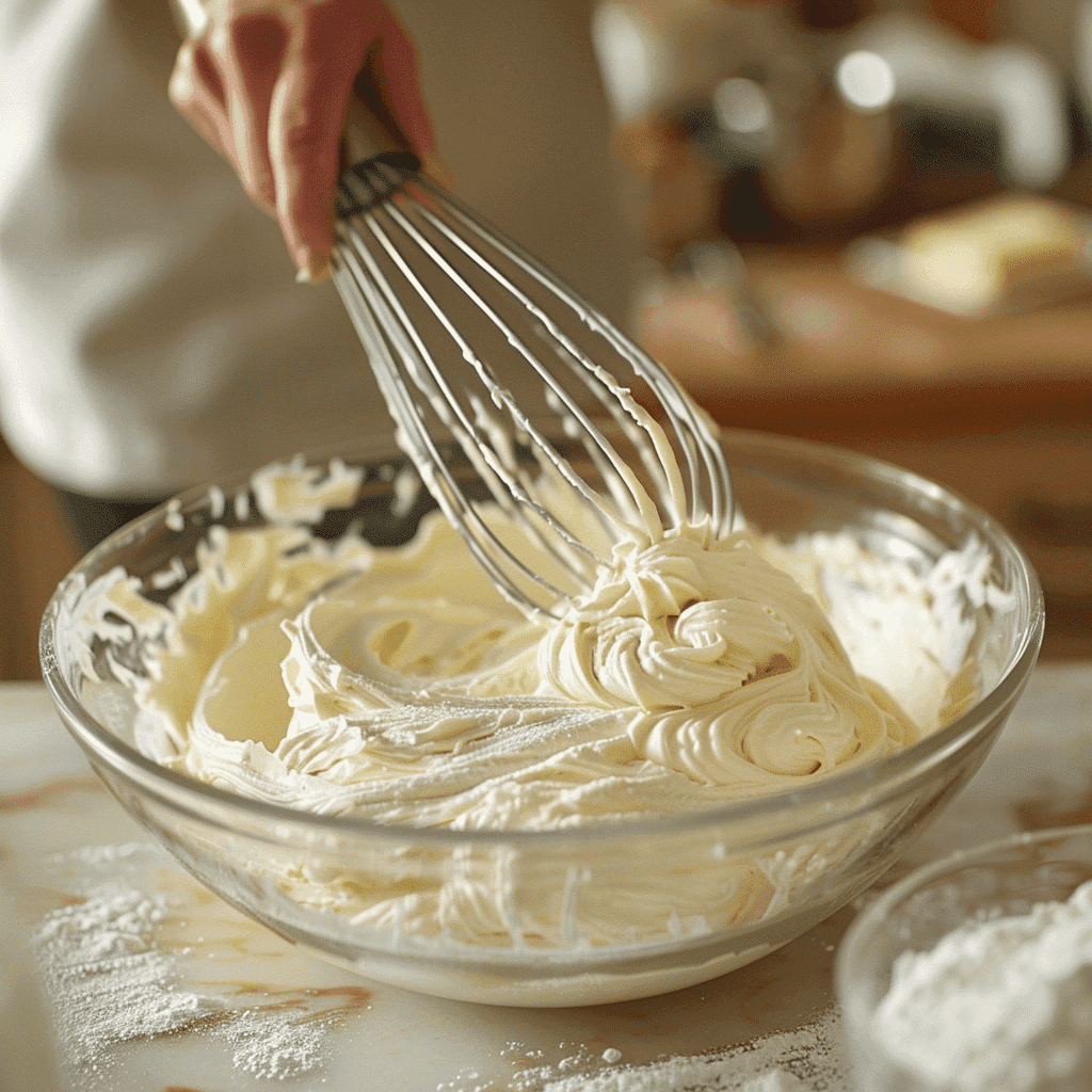 Steps to make Cream Cheese Frosting - Creaming cheese and butter for Red Velvet Cupcakes.