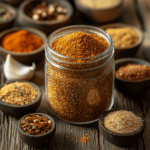 Rustic glass jar filled with homemade taco seasoning spices