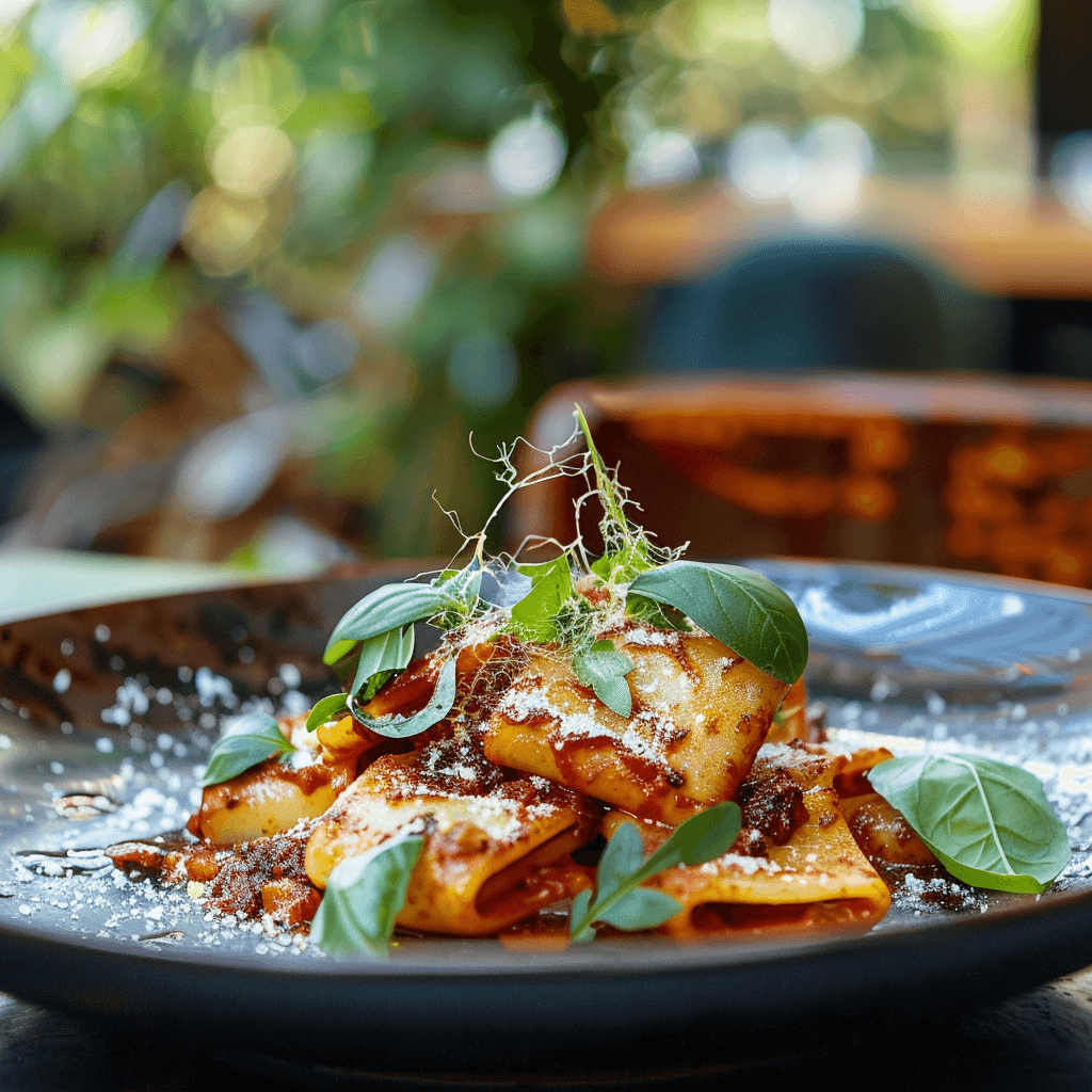 Close-up of a plated spicy pasta dish garnished with basil and Parmesan cheese.