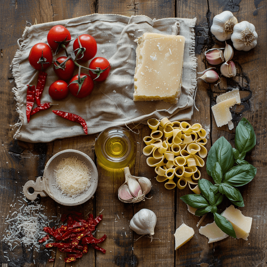 Flat lay of Spicy Pasta Recipe ingredients: pasta, garlic, crushed tomatoes, red pepper flakes, basil, olive oil, and chili peppers.
