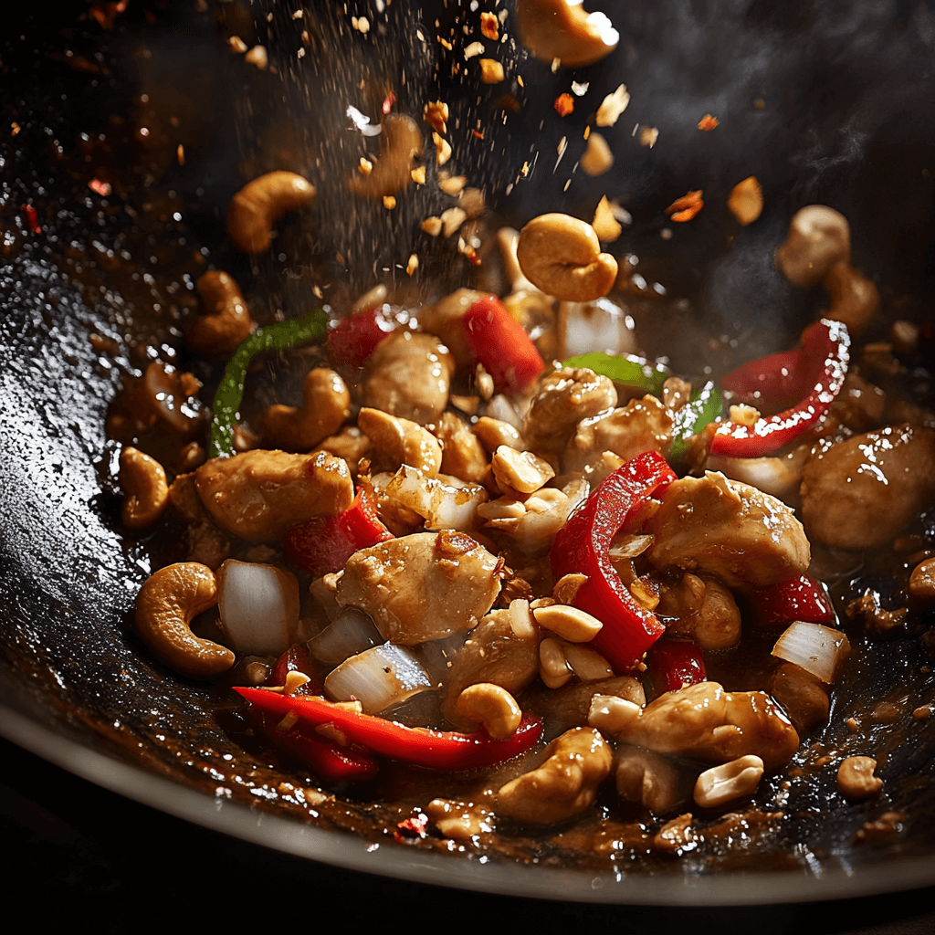 Action shot of Chinese Cashew Chicken stir-fry with chicken, vegetables, and sauce being tossed in a wok.