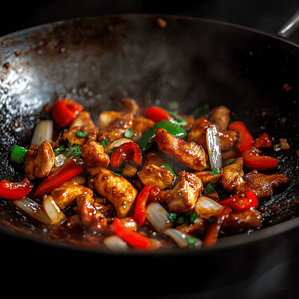 Action shot of stir-frying chicken, vegetables, and sauce in a traditional wok.