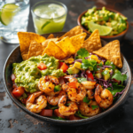 Fully assembled Taco Shrimp Bowl with colorful toppings