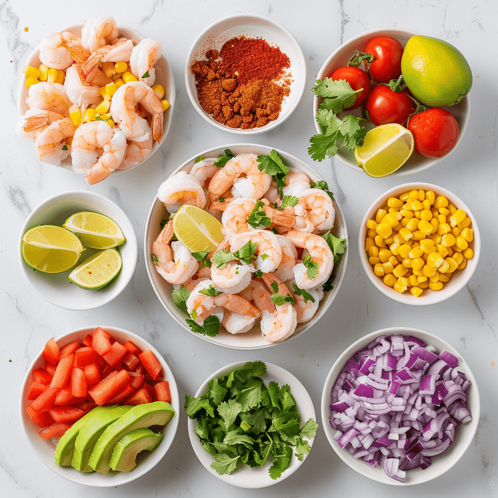 A vibrant flat-lay composition of fresh ingredients for a Taco Shrimp Bowl