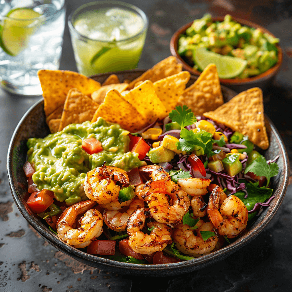 Fully assembled Taco Shrimp Bowl with colorful toppings
