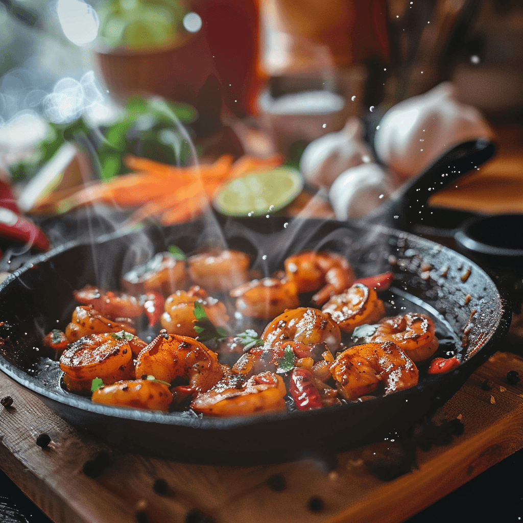 Marinated shrimp sizzling in a skillet for Taco Shrimp Bowl