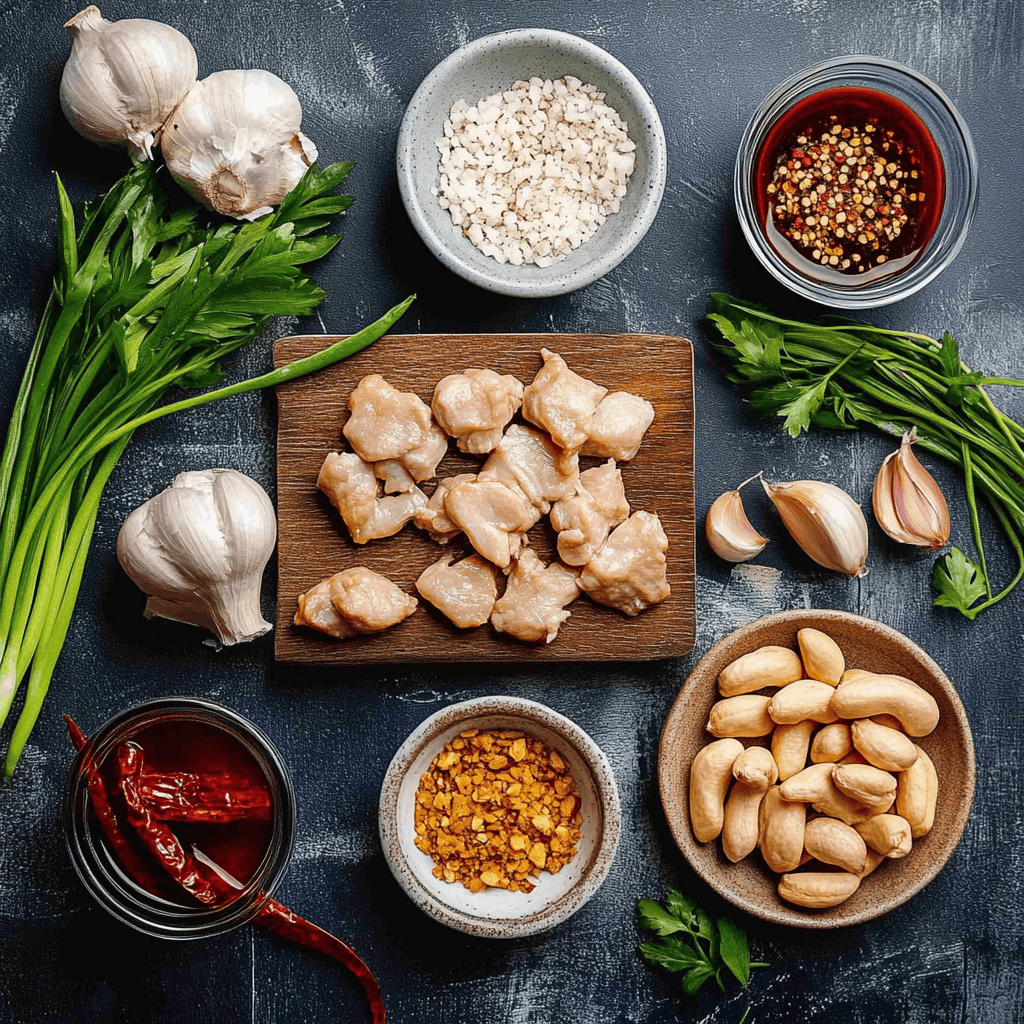 Overhead view of fresh ingredients for Thai Cashew Chicken, including raw cashews, marinated chicken, garlic, ginger, bell peppers, and assorted sauces in small bowls.